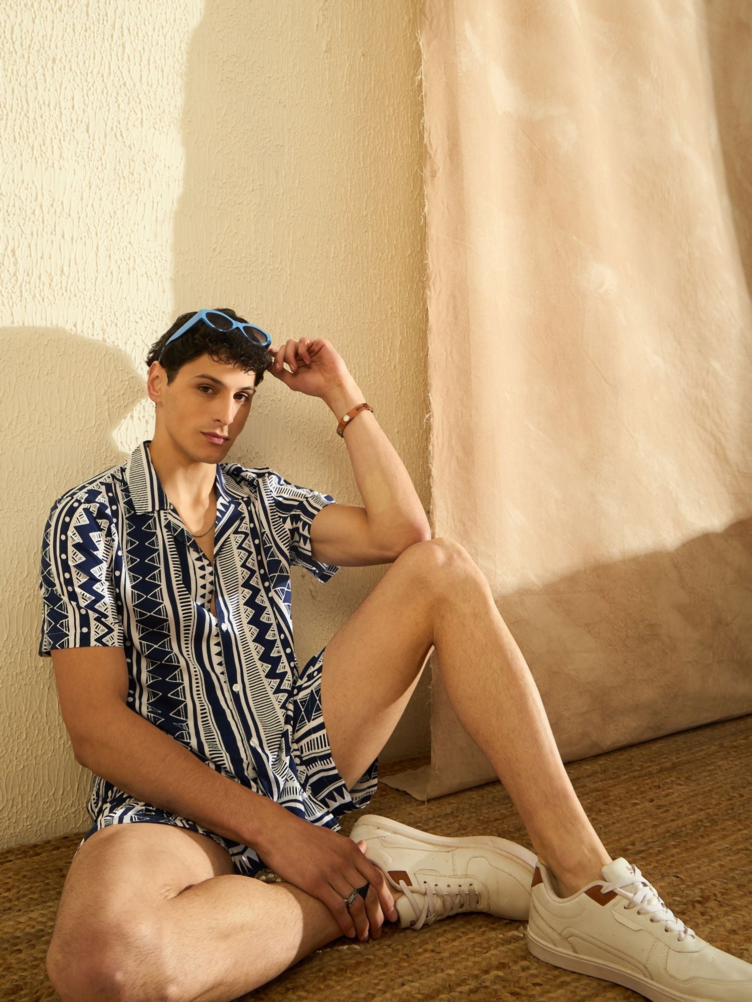 Men Navy Blue & White Comfort Fit Co-Ords