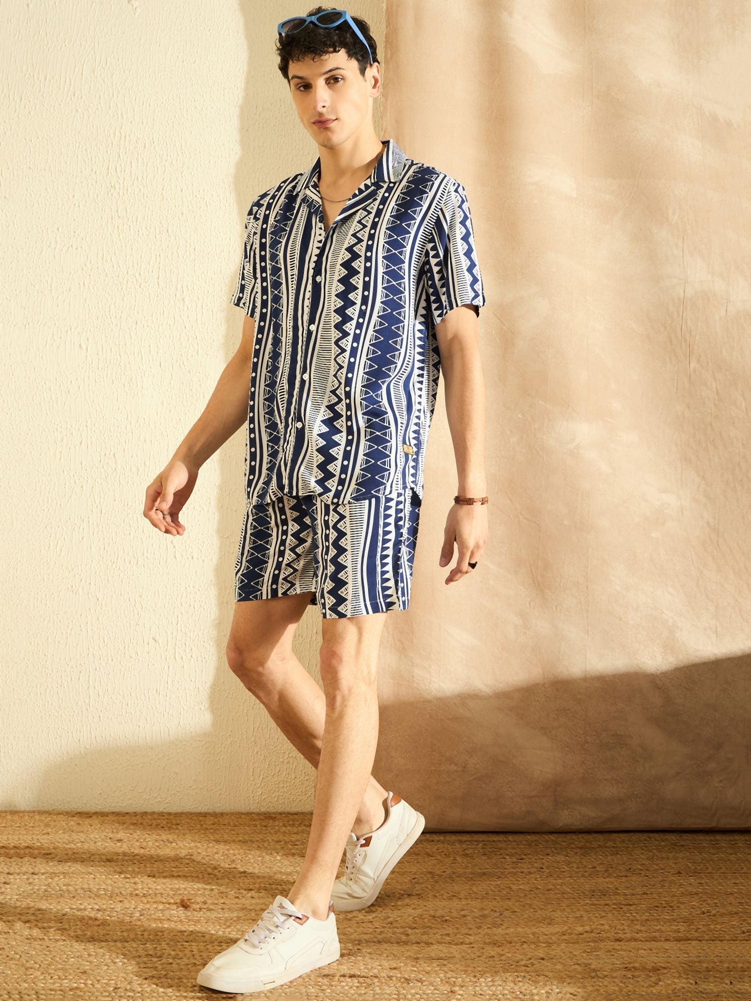 Men Navy Blue & White Comfort Fit Co-Ords