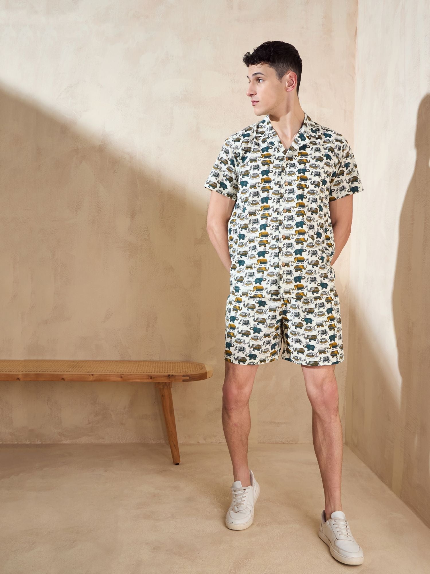Men's Cream Block Printed Co-Ords