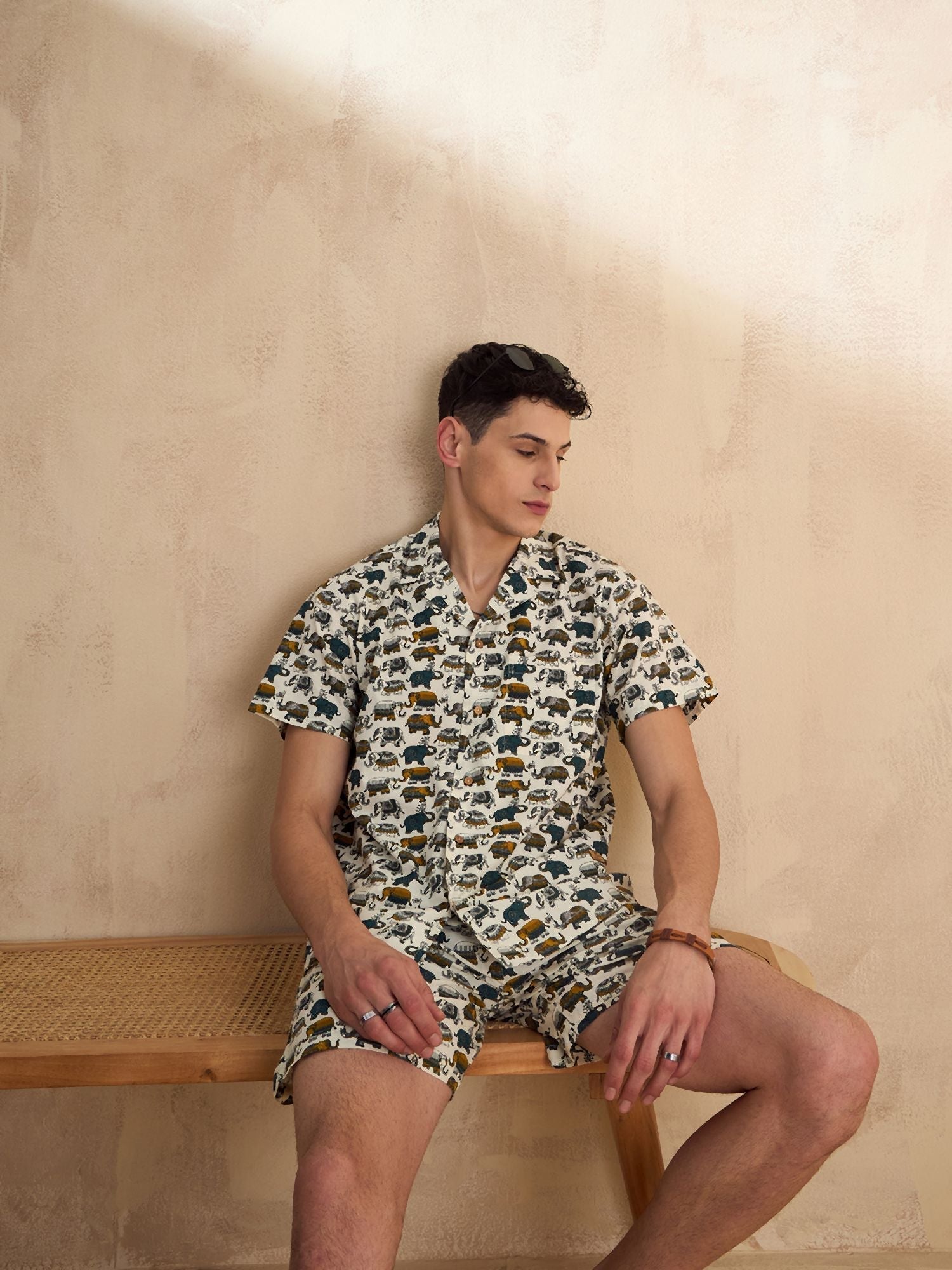 Men's Cream Block Printed Co-Ords