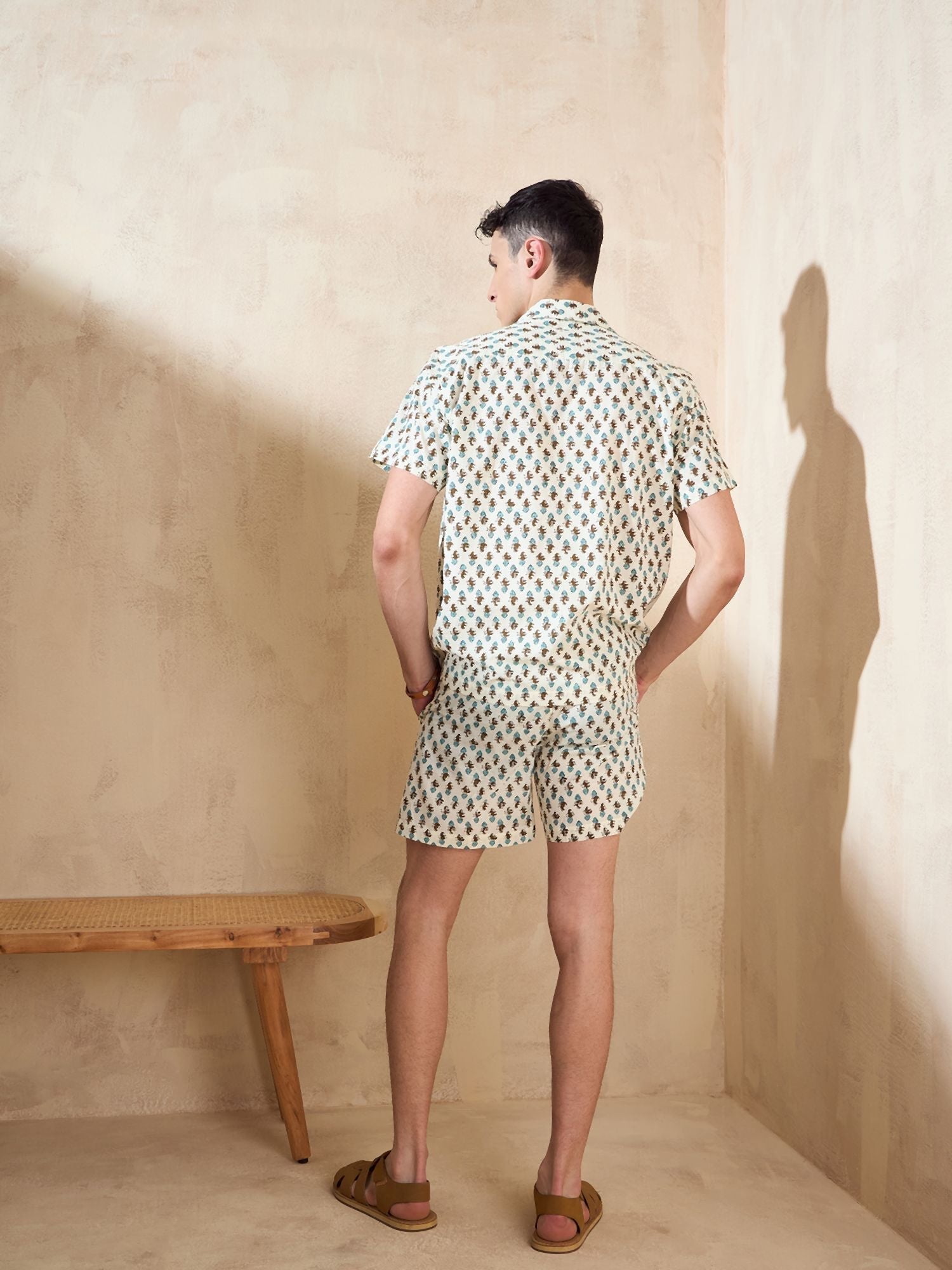 Men's Cream Block Printed Co-Ords