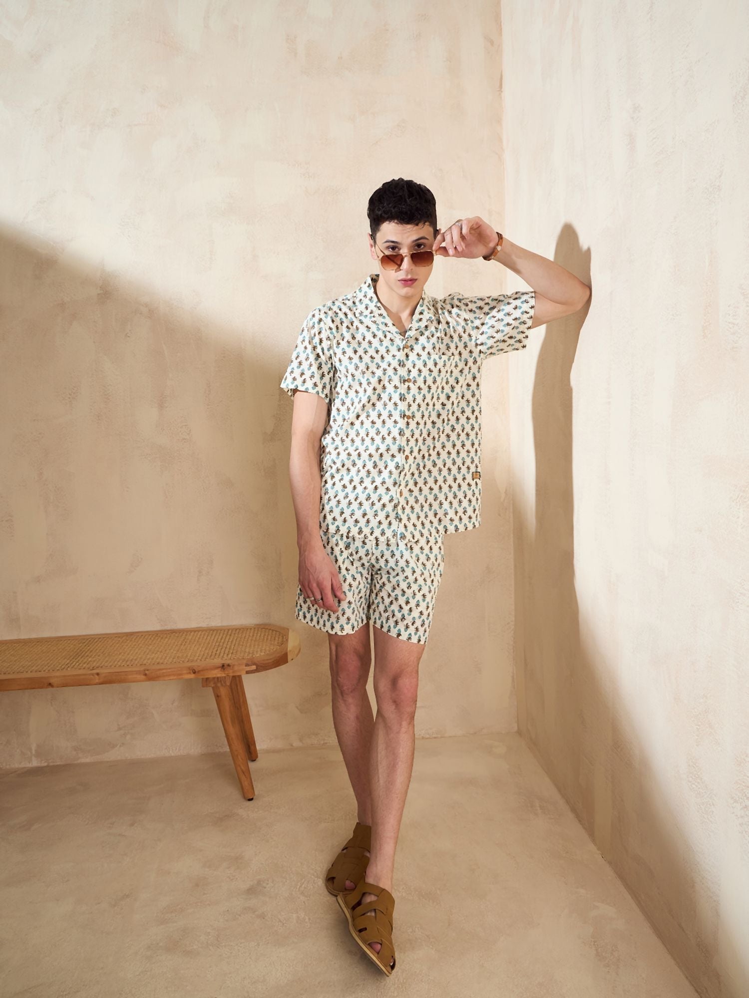 Men's Cream Block Printed Co-Ords