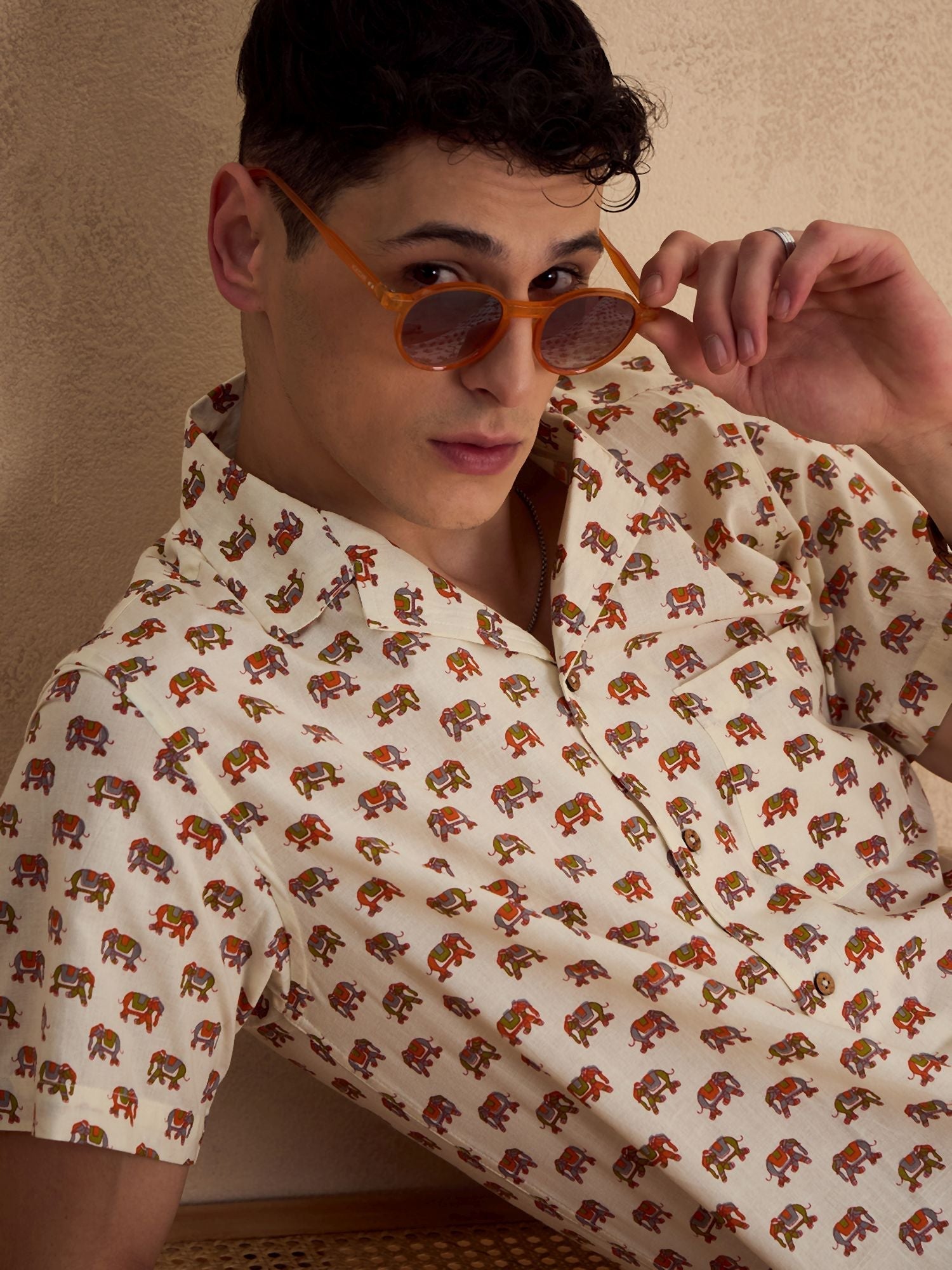 Men's Cream Block Printed Co-Ords