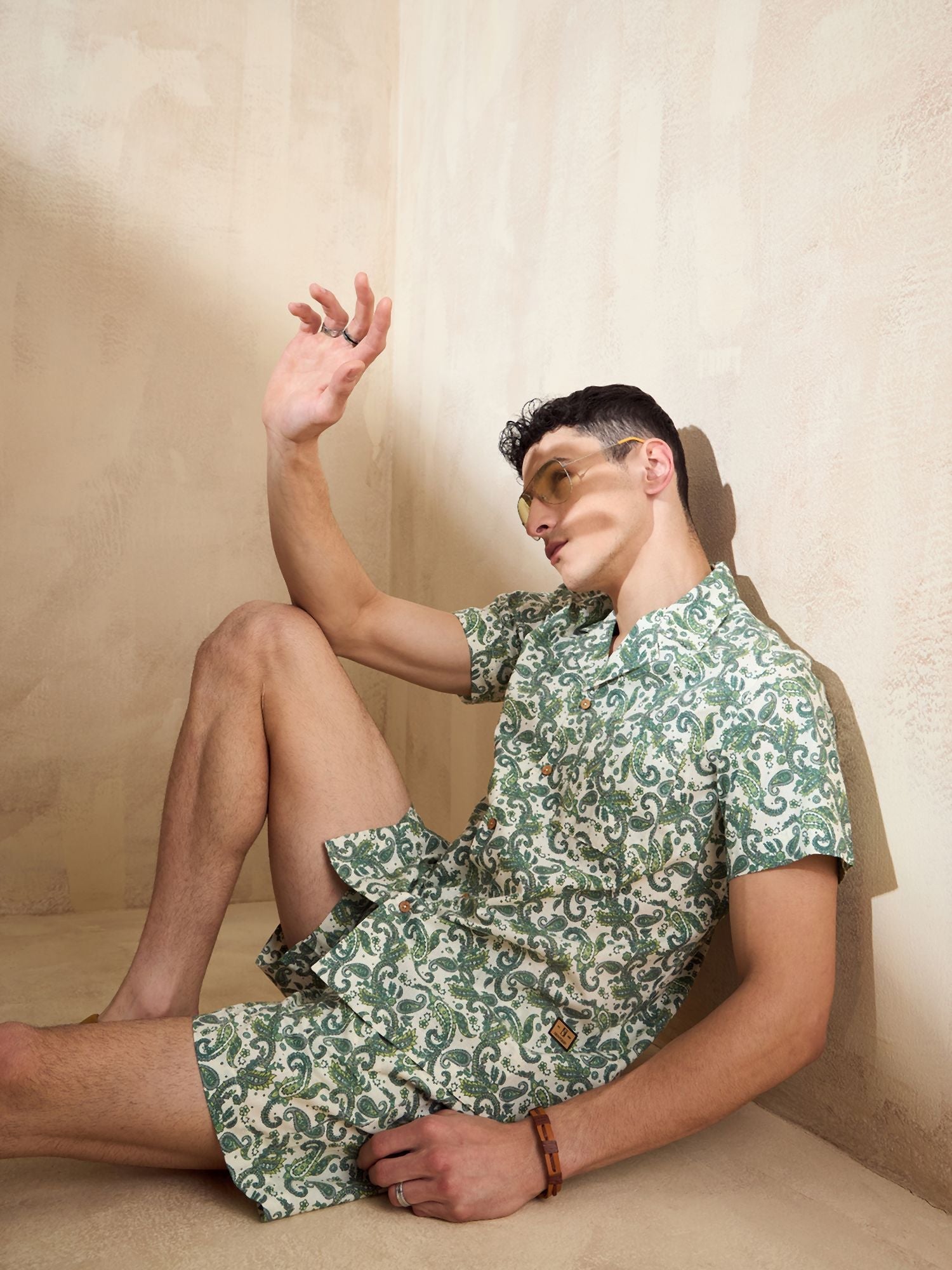 Men's Green Block Printed Co-Ords