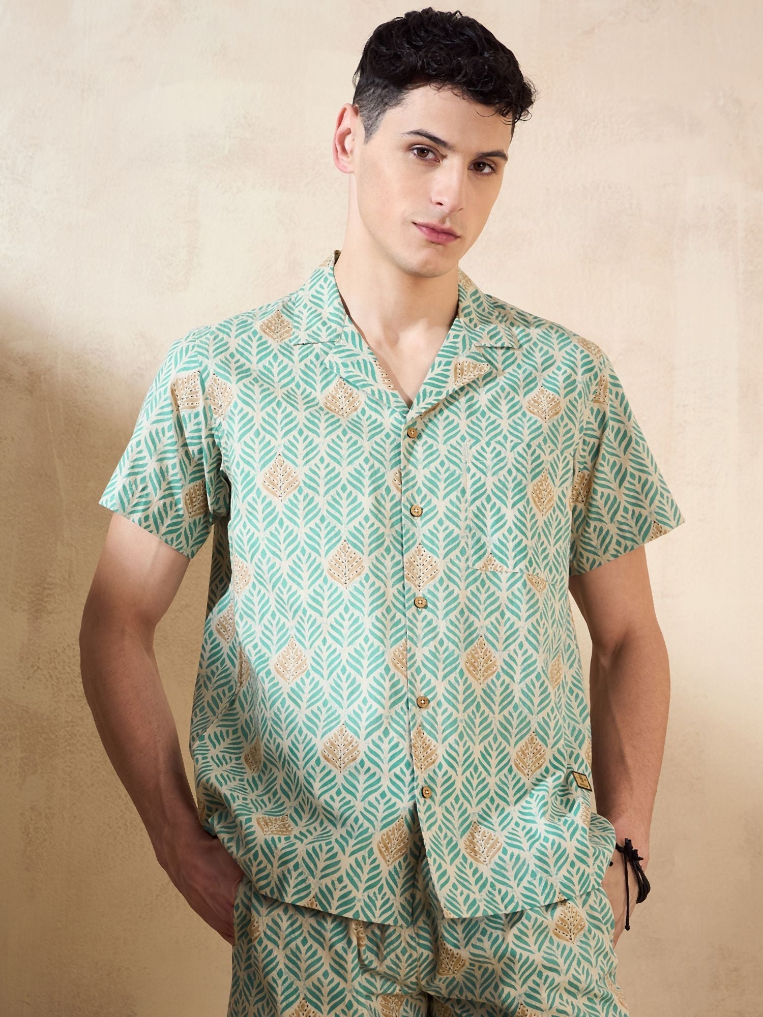 Men's Green Block Printed Co-Ords