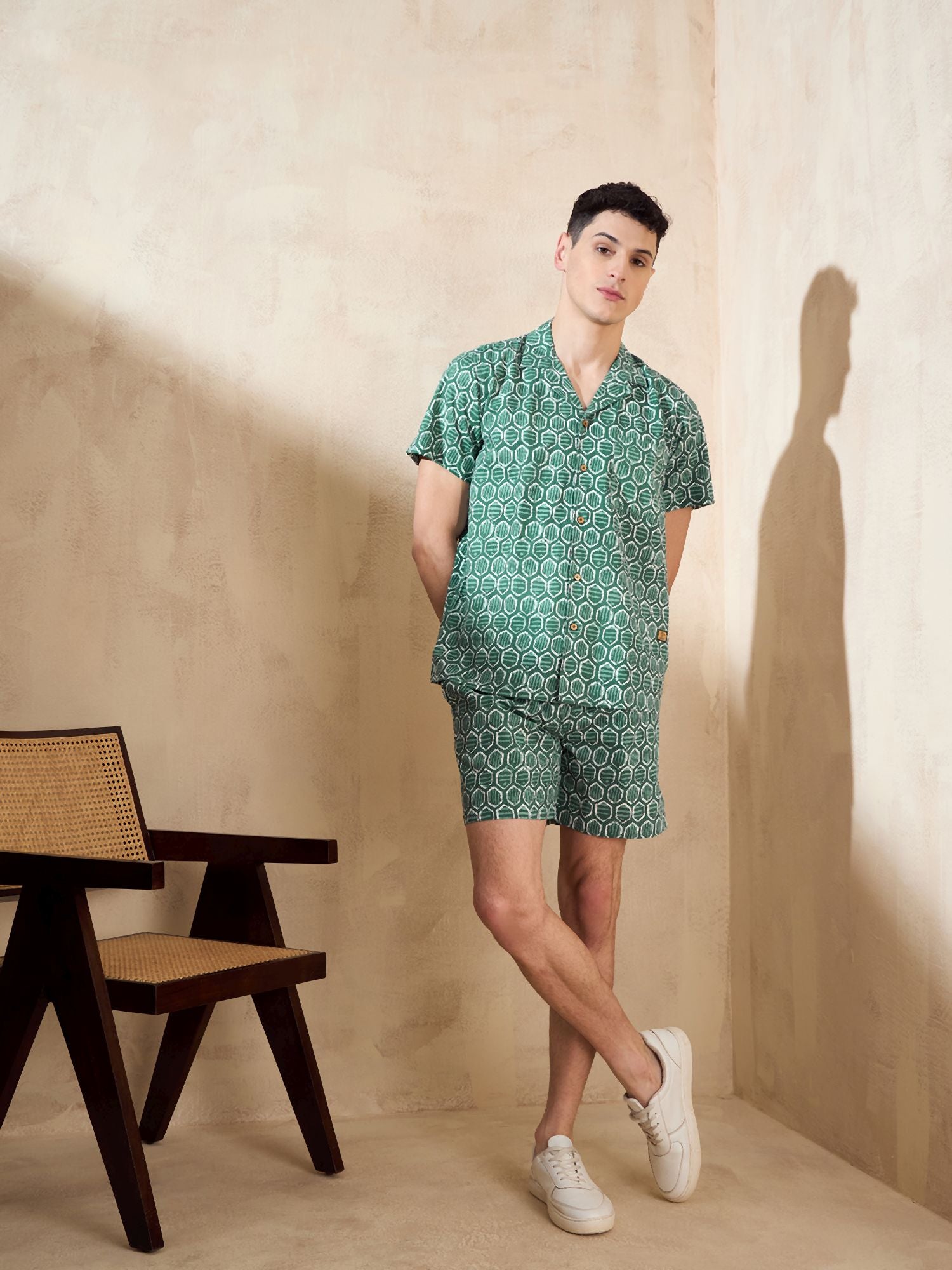 Men's Green Block Printed Co-Ords