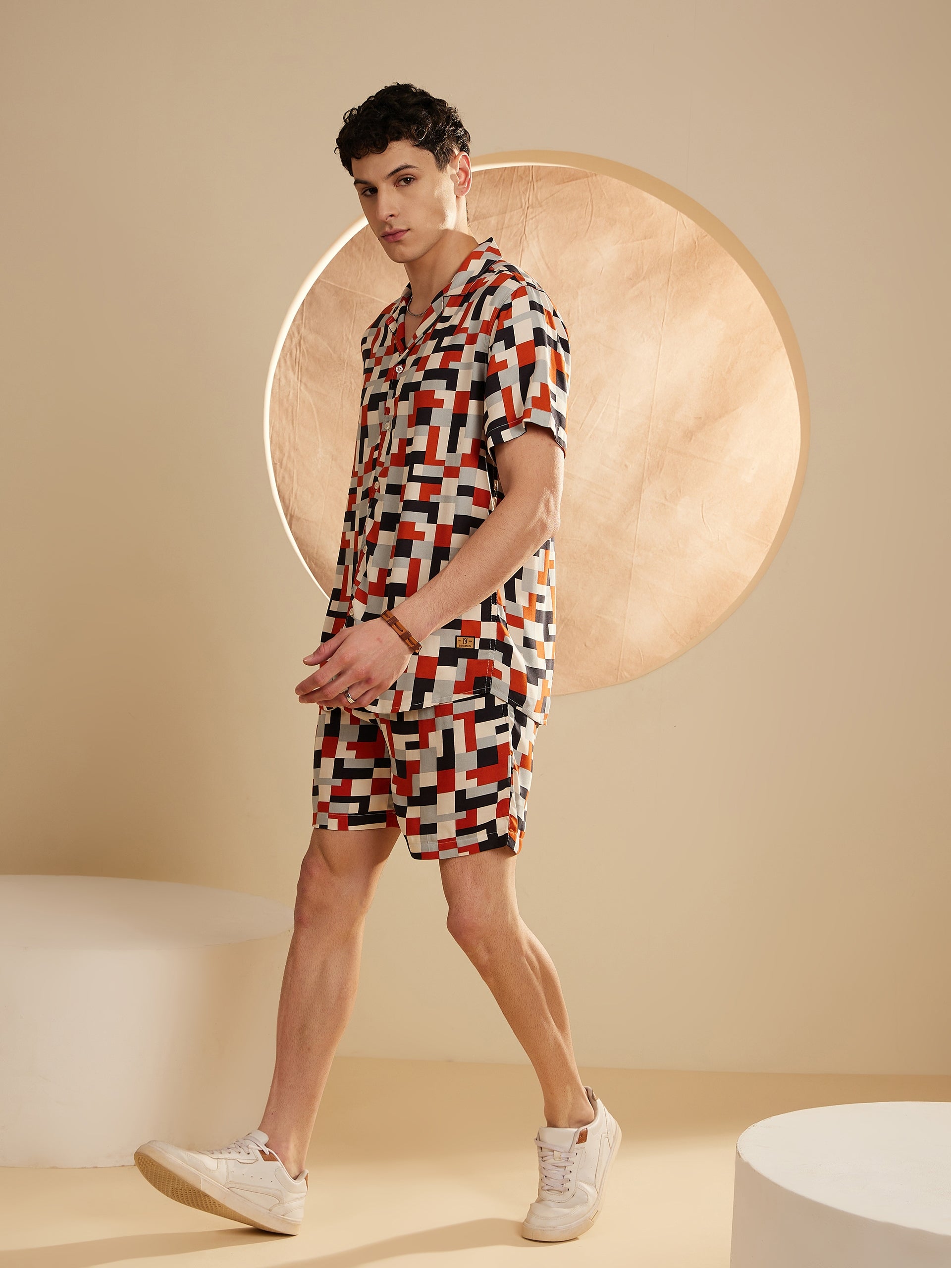 Men Cream & Orange Comfort Fit Co-Ords