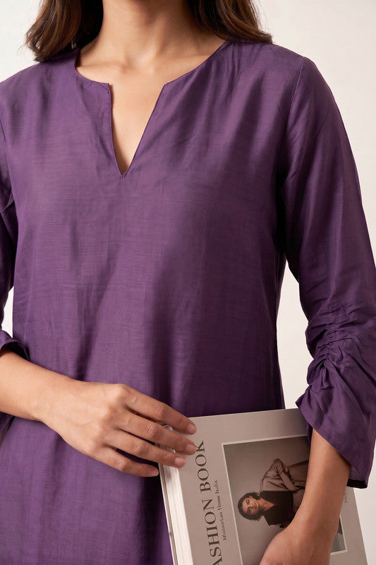 Solid Purple Tunic with Straight-Fit Pants Russian Silk Co-ord Set