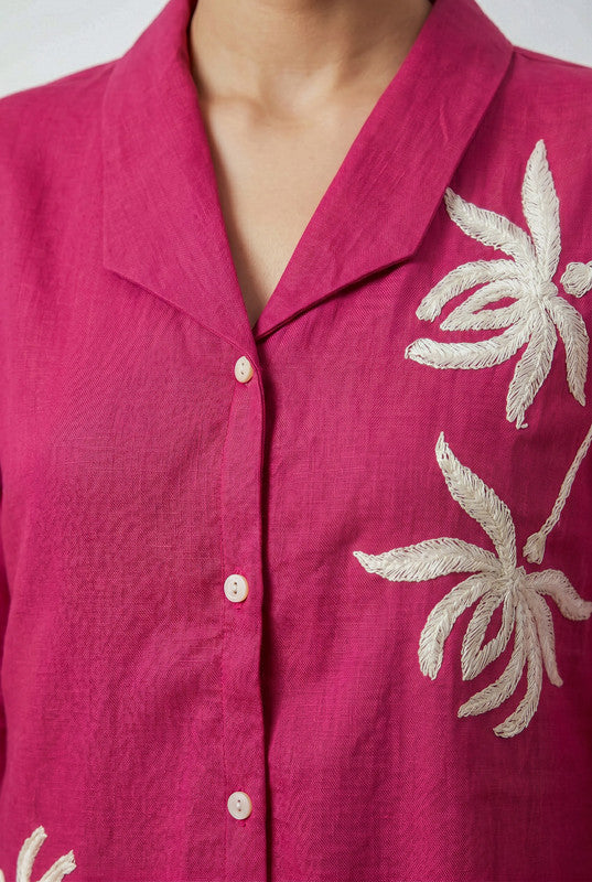 Pink Floral Embroidered Shirt Cotton Co-ord Set