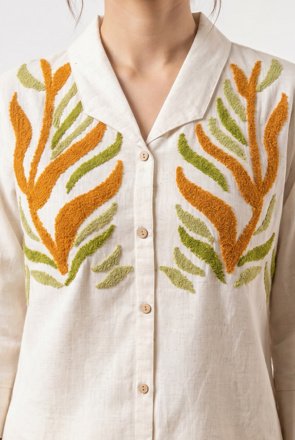 Off White Leaf Embroidered Cotton Flex Co-ord Set