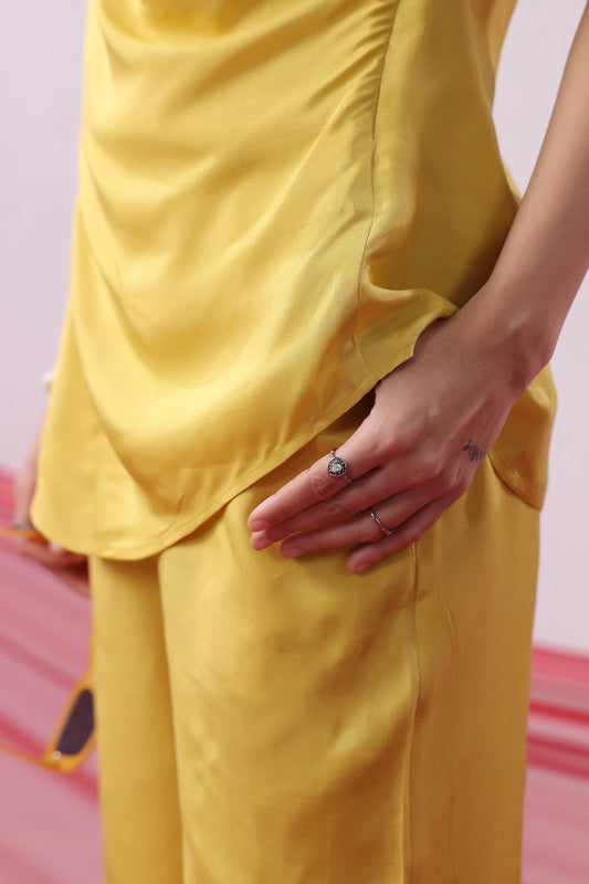 Yellow Solid Sleeveless Russian Silk Co-ord Set