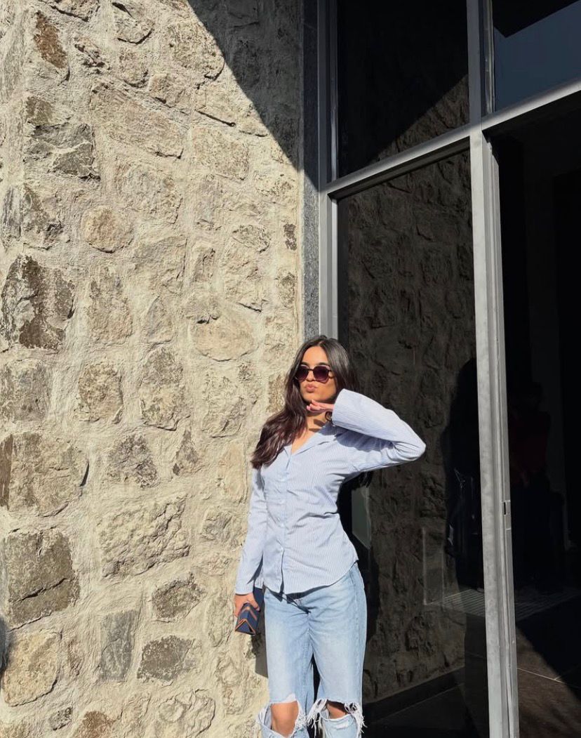 Sky PineStripe Flare Corset Fitted Shirt