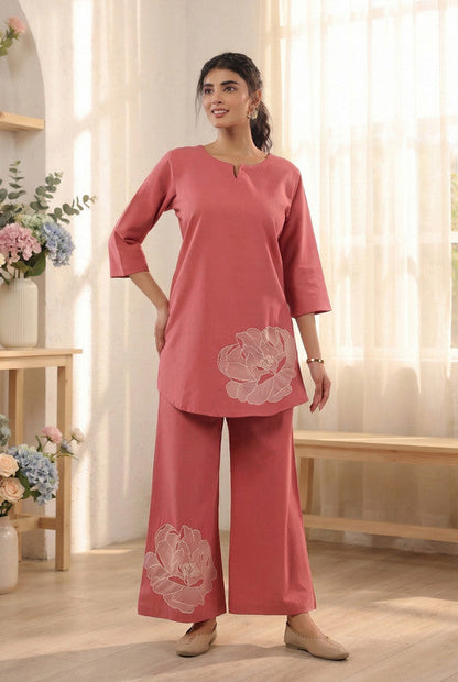 Dusty Peach Floral Motif Embroidered Cotton Flex Co-ord Set