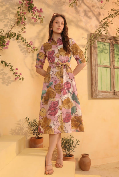 Pink Multi-Leaf Printed Cotton Flex Tie-Up Waist Midi Dress