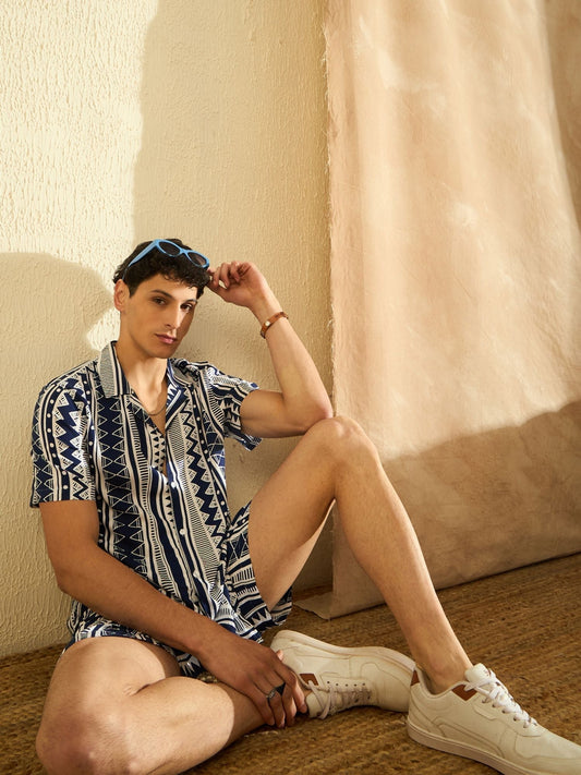 Men Navy Blue & White Comfort Fit Co-Ords