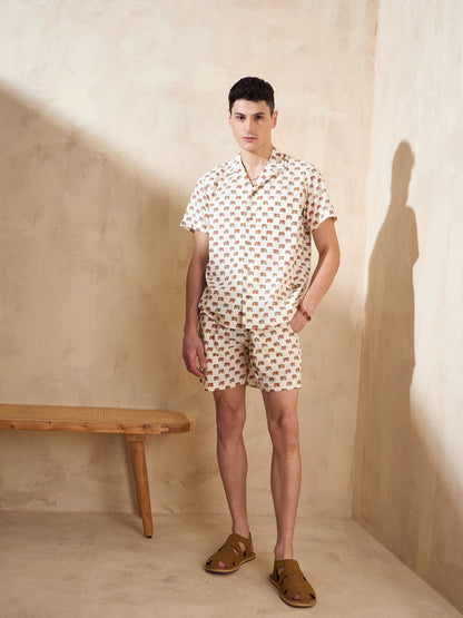 Men's Cream Block Printed Co-Ords