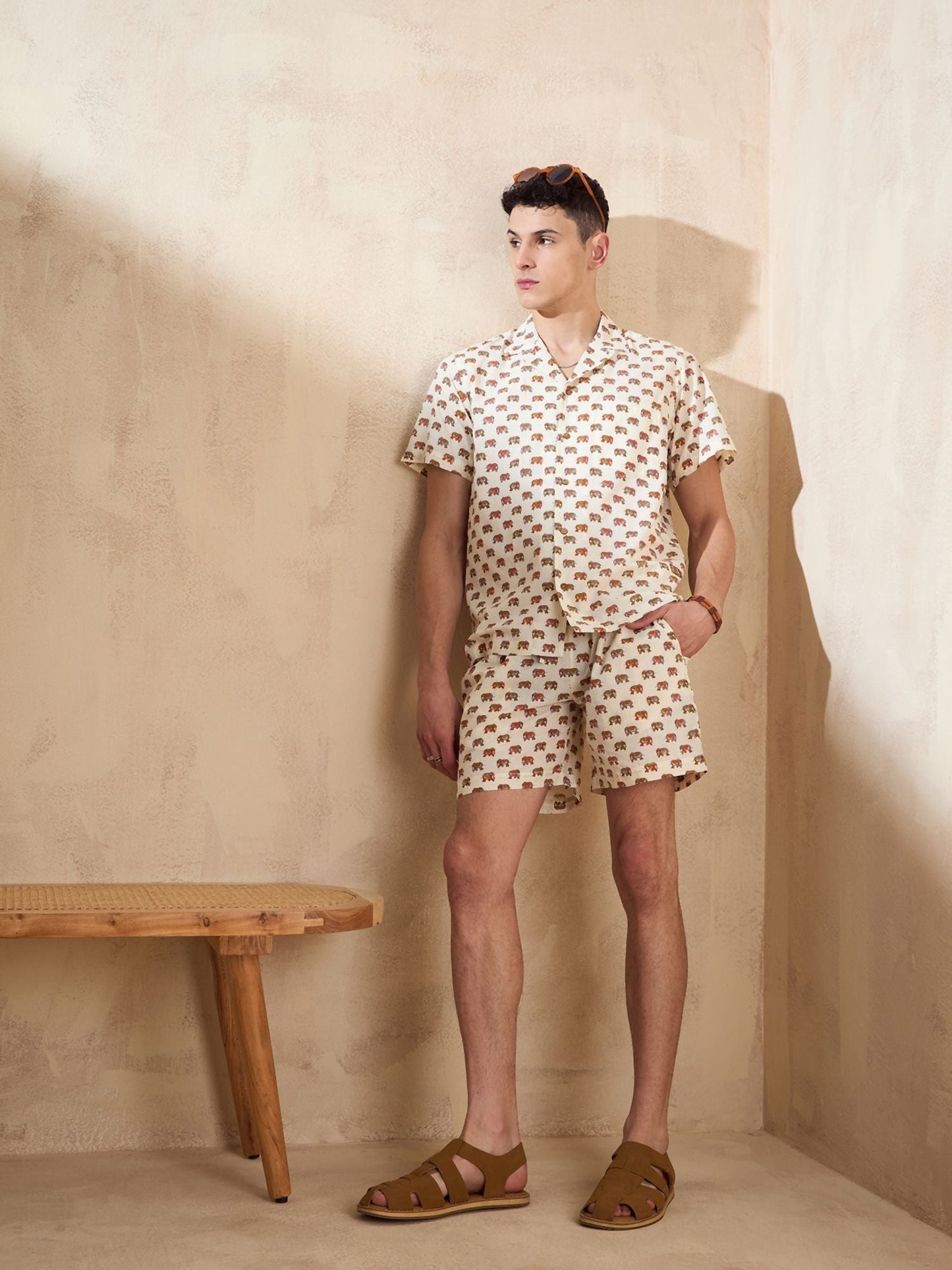 Men's Cream Block Printed Co-Ords