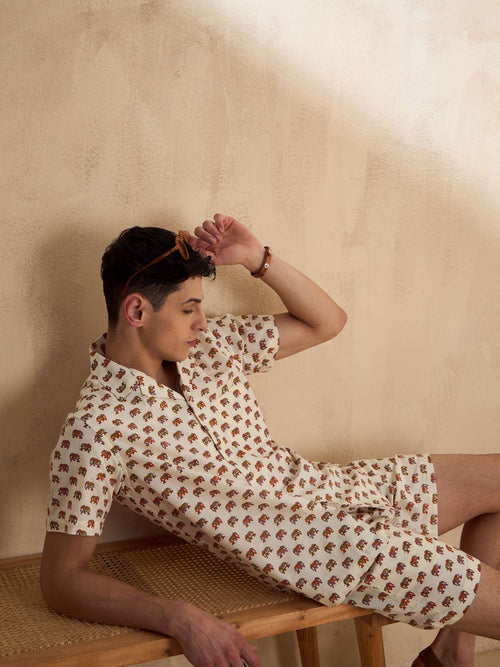Men's Cream Block Printed Co-Ords