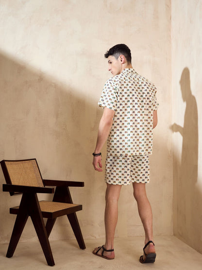 Men's Cream Block Printed Co-Ords