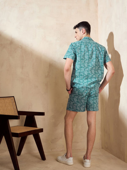 Men's Green Block Printed Co-Ords