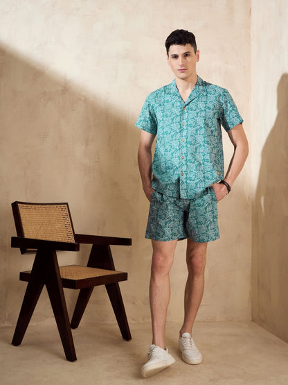 Men's Green Block Printed Co-Ords