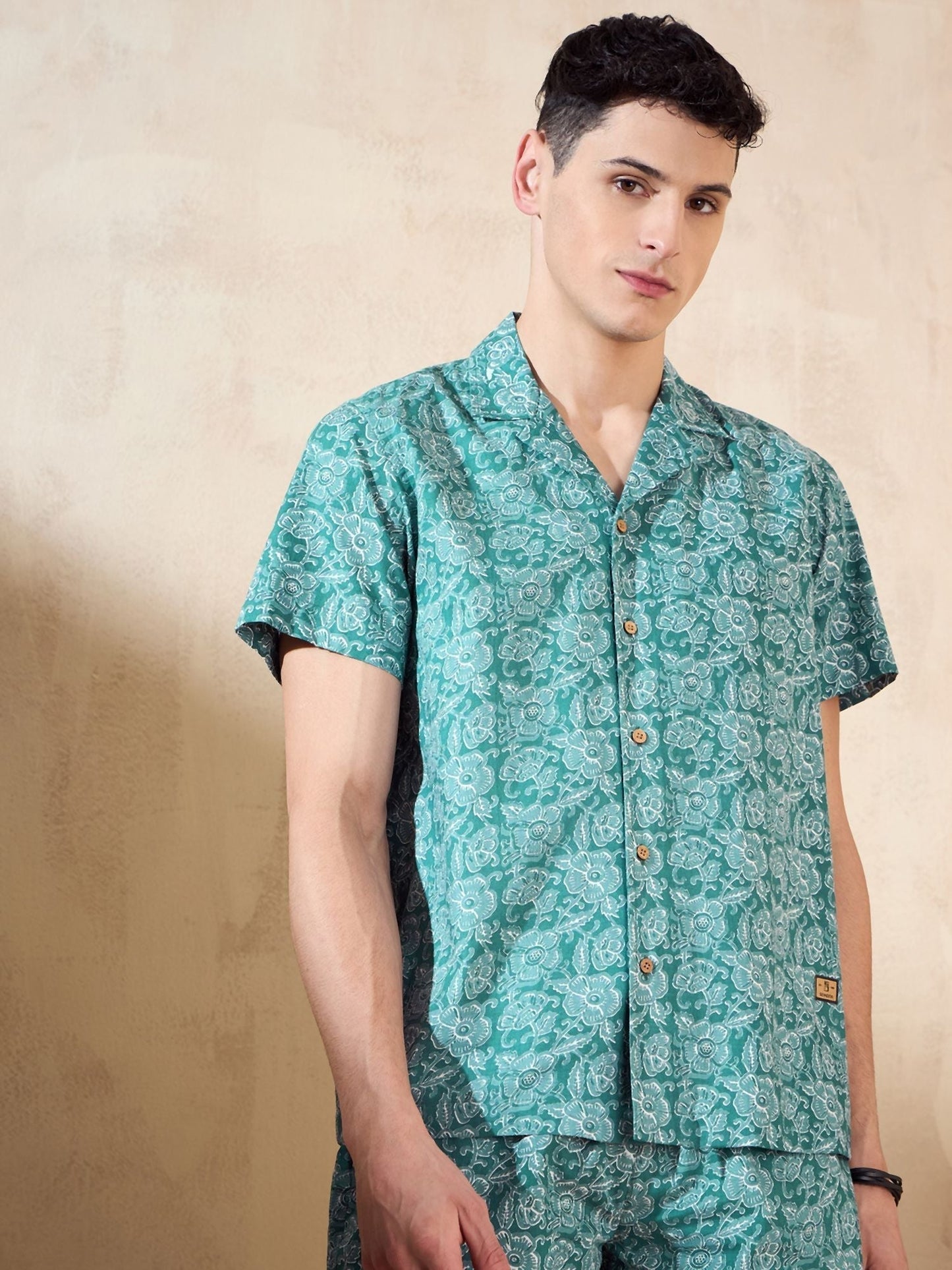 Men's Green Block Printed Co-Ords