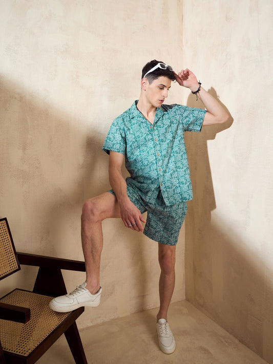 Men's Green Block Printed Co-Ords