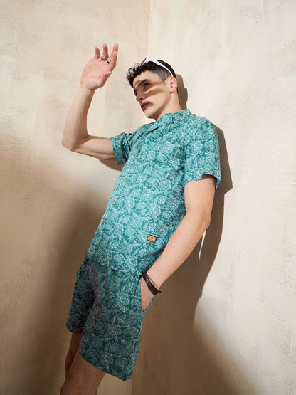 Men's Green Block Printed Co-Ords