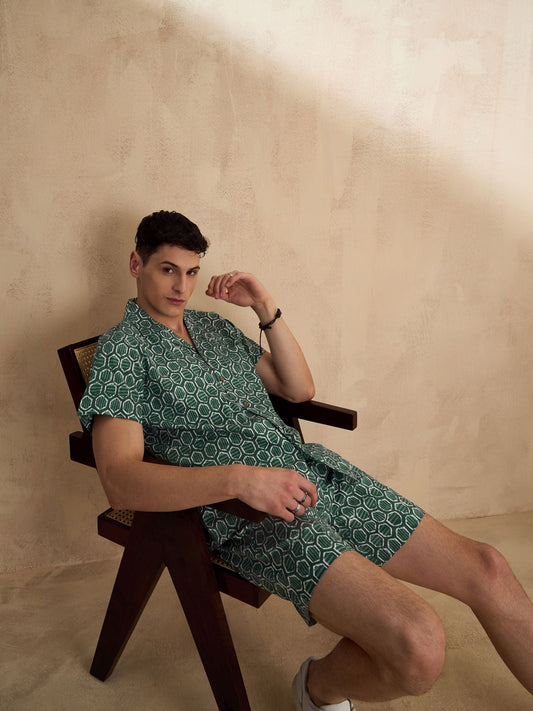 Men's Green Block Printed Co-Ords