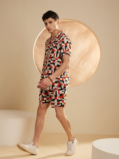 Men Cream & Orange Comfort Fit Co-Ords