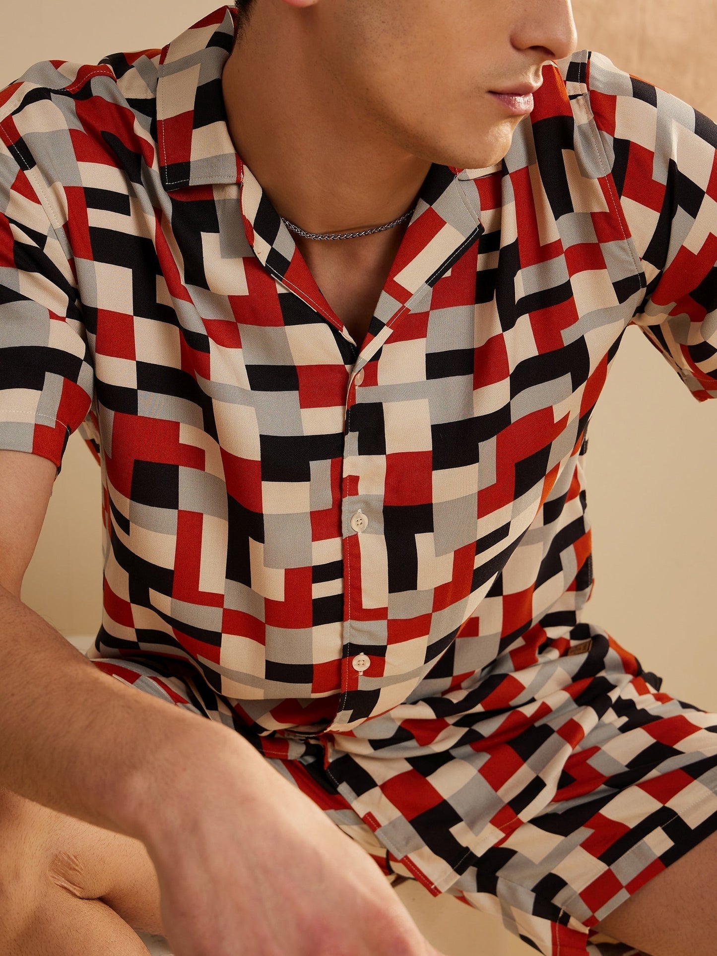 Men Cream & Orange Comfort Fit Co-Ords