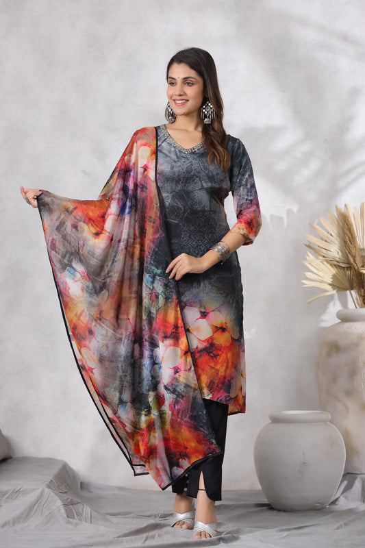 Black Digital Printed Russian Silk Straight Kurta Pant Set with Dupatta