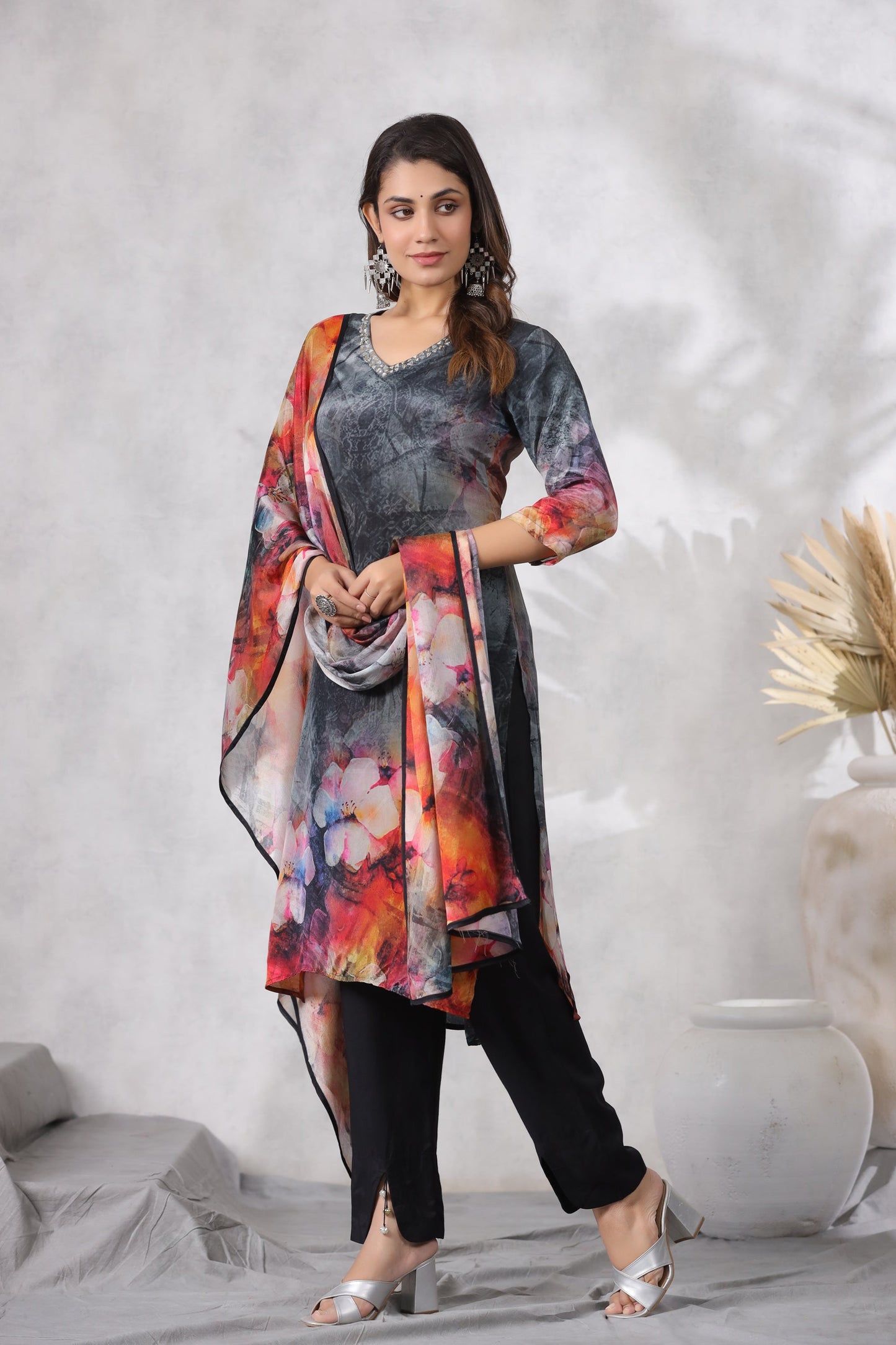Black Digital Printed Russian Silk Straight Kurta Pant Set with Dupatta