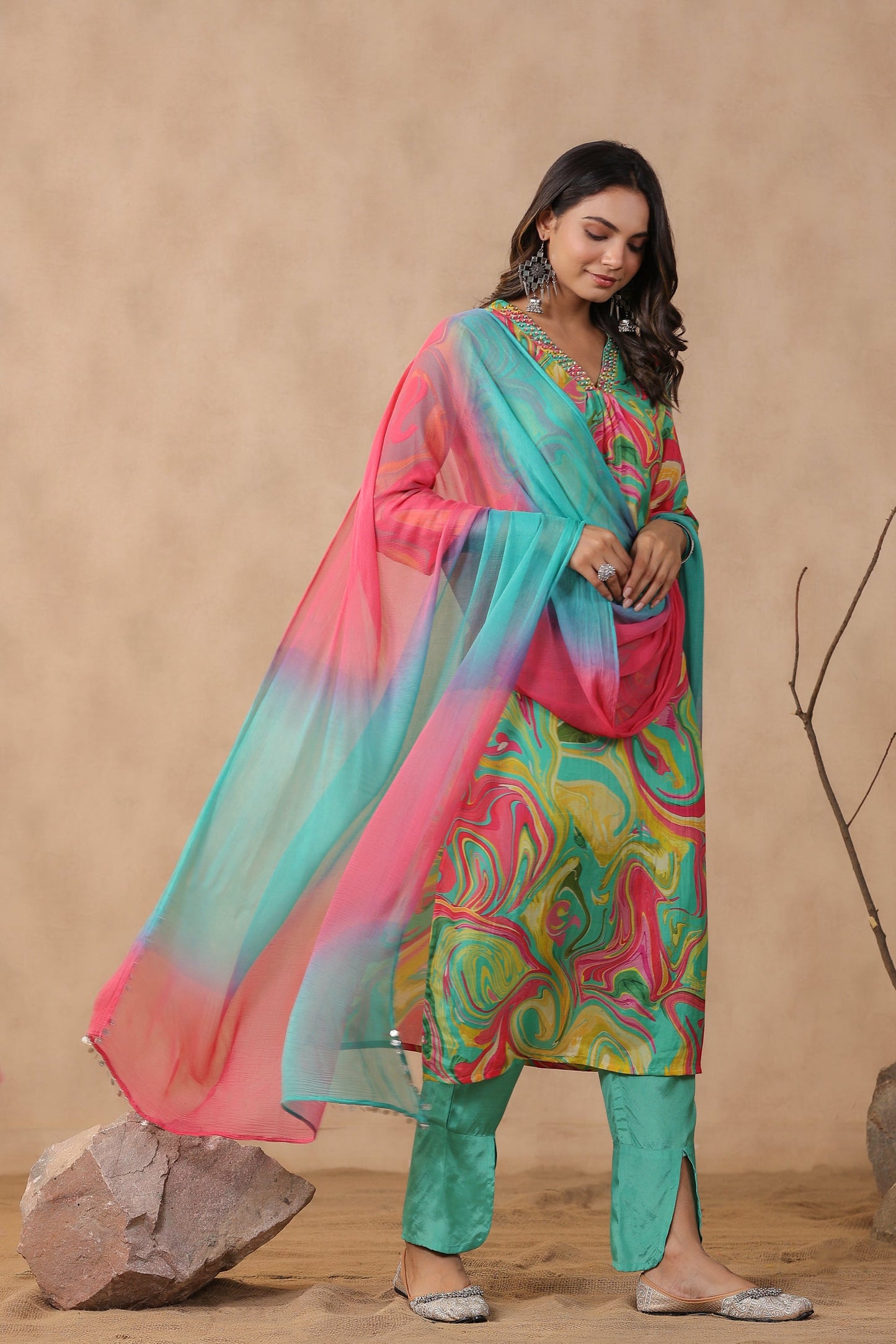 Multicolour Designer Marble Printed Russian Silk Kurta Pant Set with Dupatta