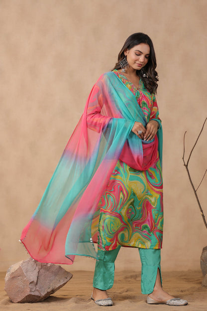 Multicolour Designer Marble Printed Russian Silk Kurta Pant Set with Dupatta