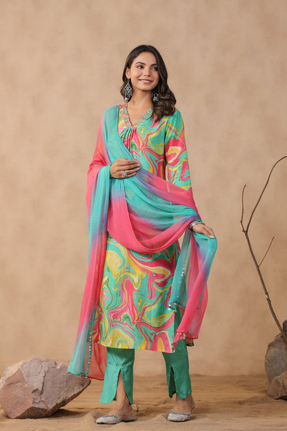 Multicolour Designer Marble Printed Russian Silk Kurta Pant Set with Dupatta