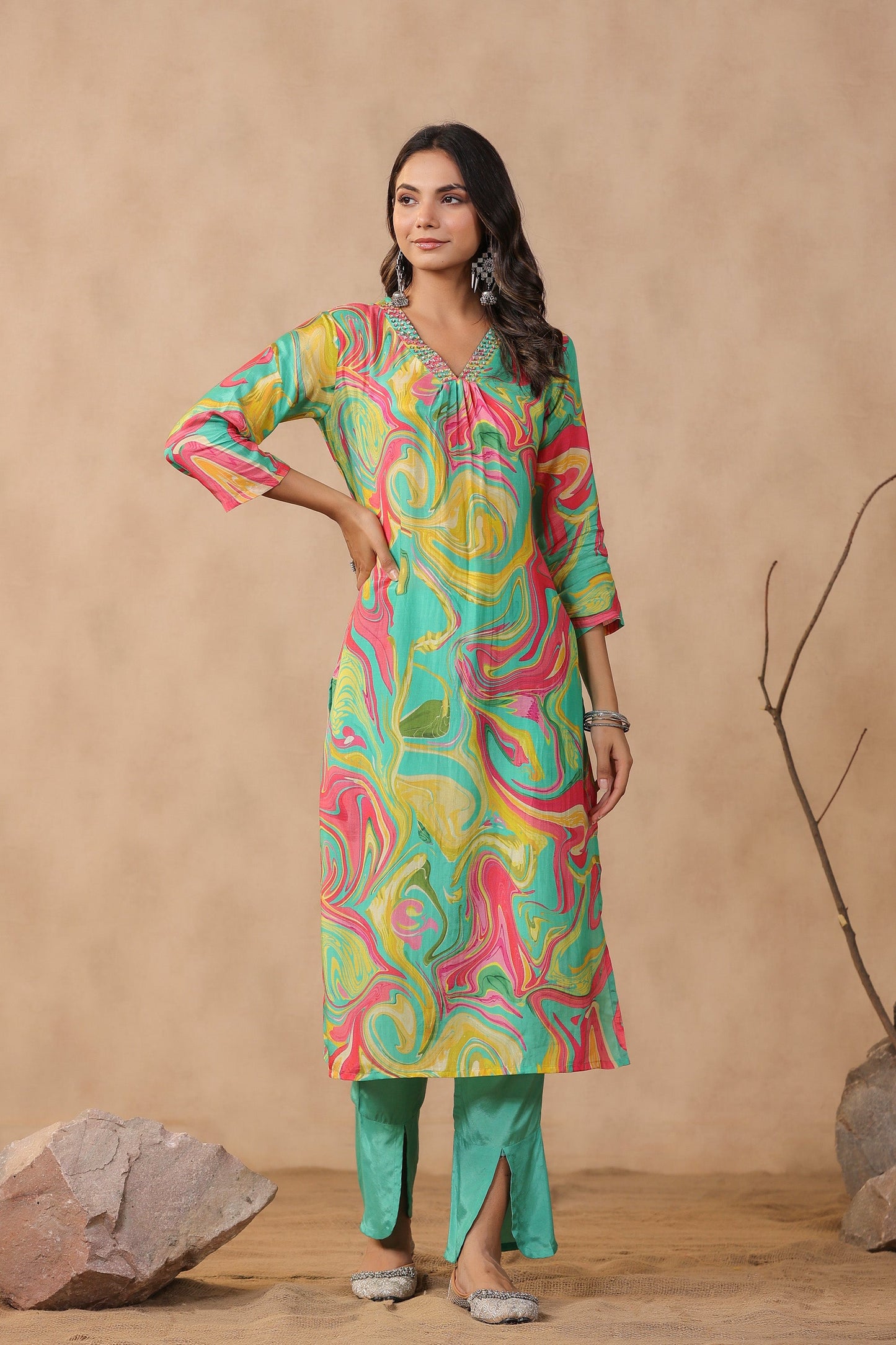 Multicolour Designer Marble Printed Russian Silk Kurta Pant Set with Dupatta