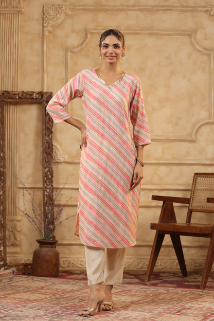 Blush Pink Diagonal Stripe Printed Russian Silk Kurta Pant Set with Dupatta