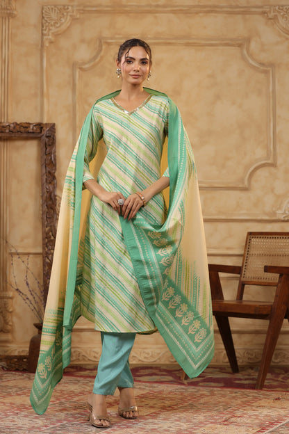 Green Leheriya Printed Russian Silk Straight Kurta Set with Dupatta
