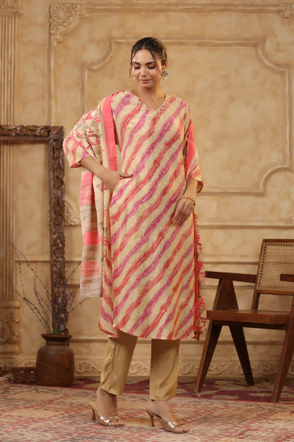 Multicolour Traditional Leheriya Printed Russian Kurta Pant Set with Dupatta