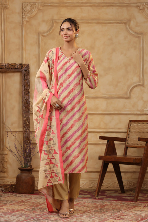 Multicolour Traditional Leheriya Printed Russian Kurta Pant Set with Dupatta