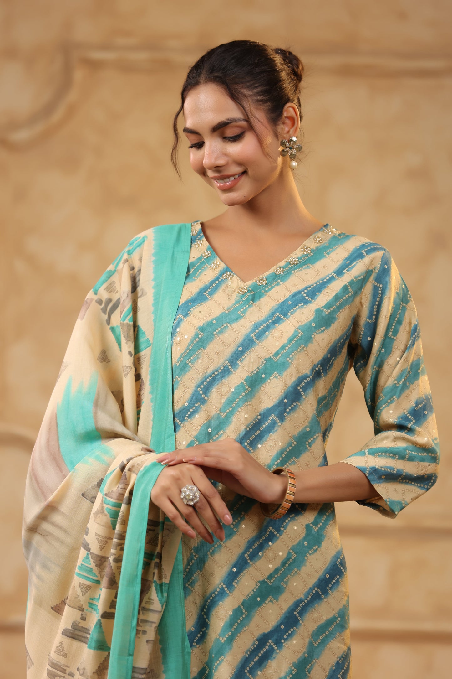Multicolour Leheriya Printed Russian Silk Straight Kurta Set with Dupatta