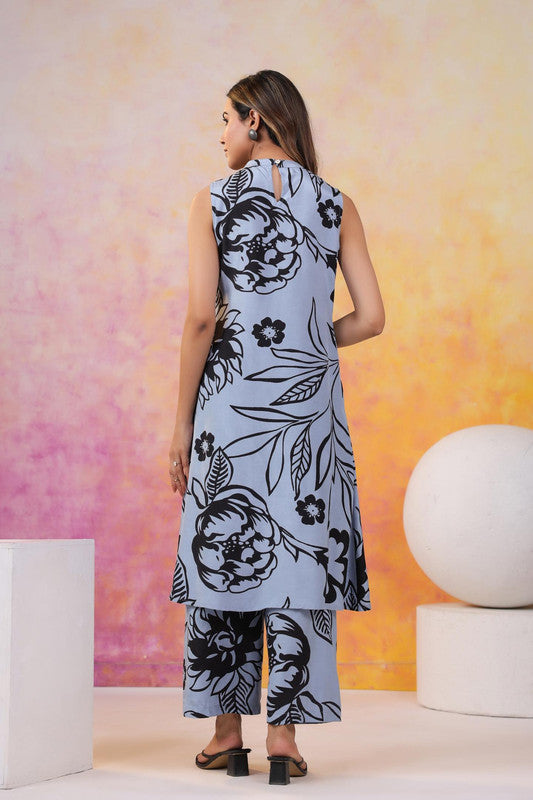 Serene Blue Bloom Printed Russian Silk Co-ord Set