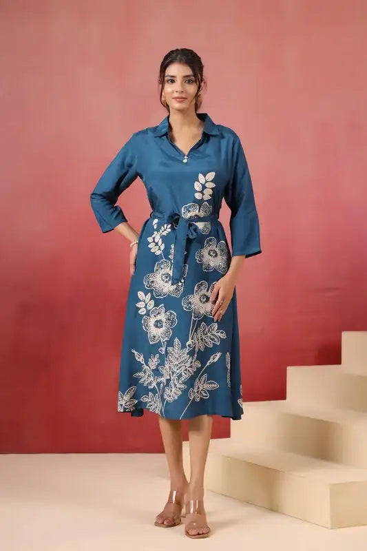 Blue Floral Russian Silk Midi Dress