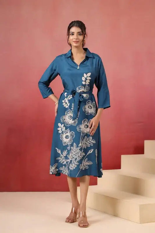 Blue Floral Russian Silk Midi Dress