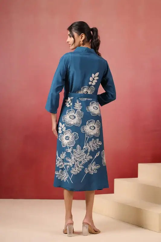 Blue Floral Russian Silk Midi Dress
