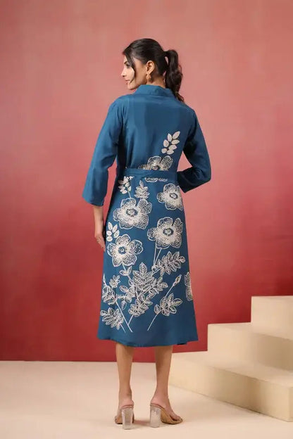 Blue Floral Russian Silk Midi Dress
