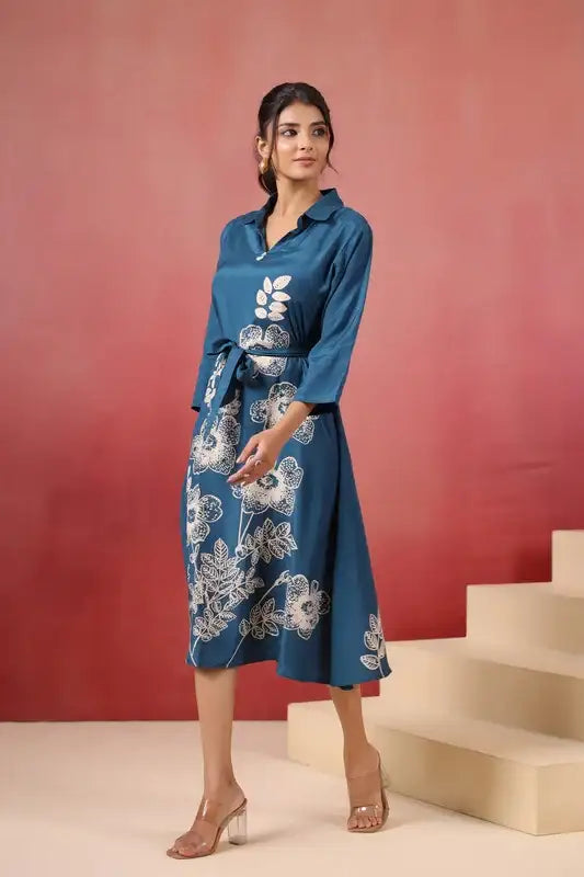 Blue Floral Russian Silk Midi Dress