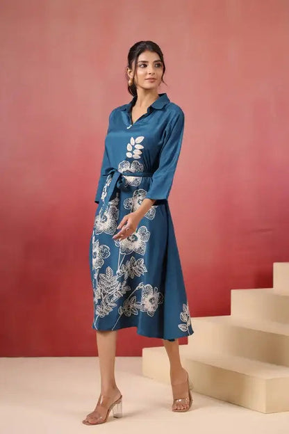 Blue Floral Russian Silk Midi Dress
