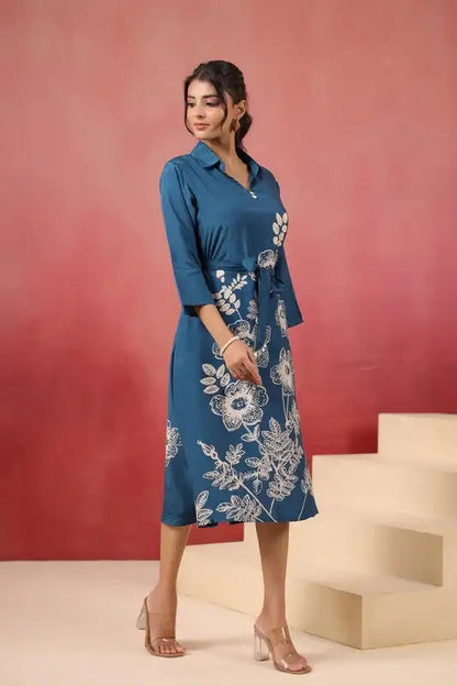 Blue Floral Russian Silk Midi Dress